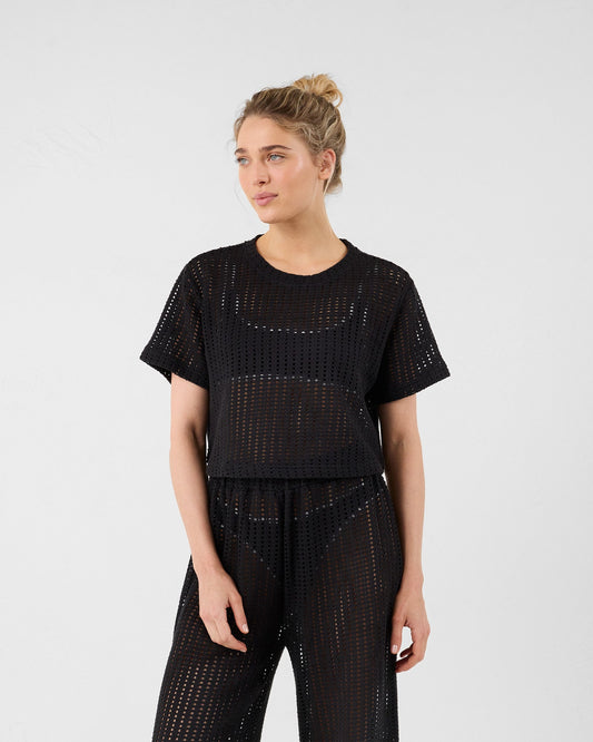 T-shirt col rond en maille de coton Noir Giada