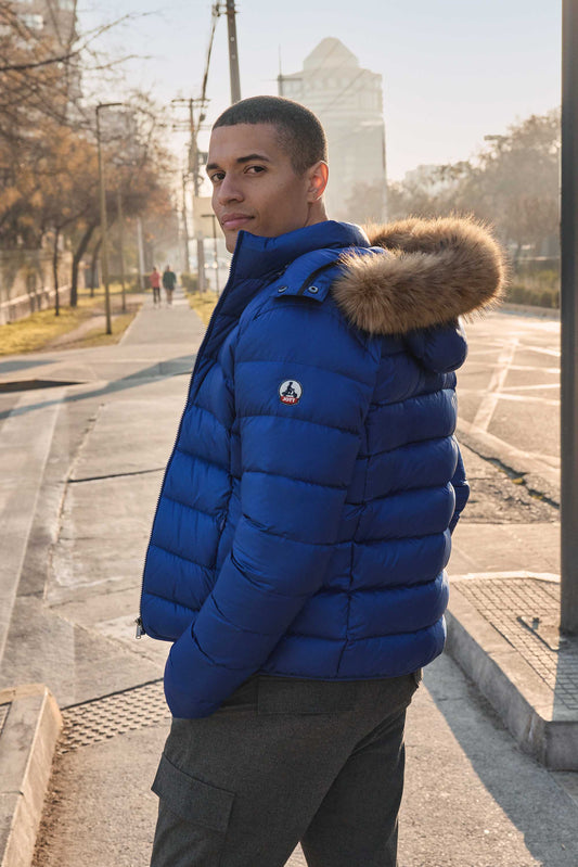 Doudoune courte à capuche Bleu cobalt Prestige