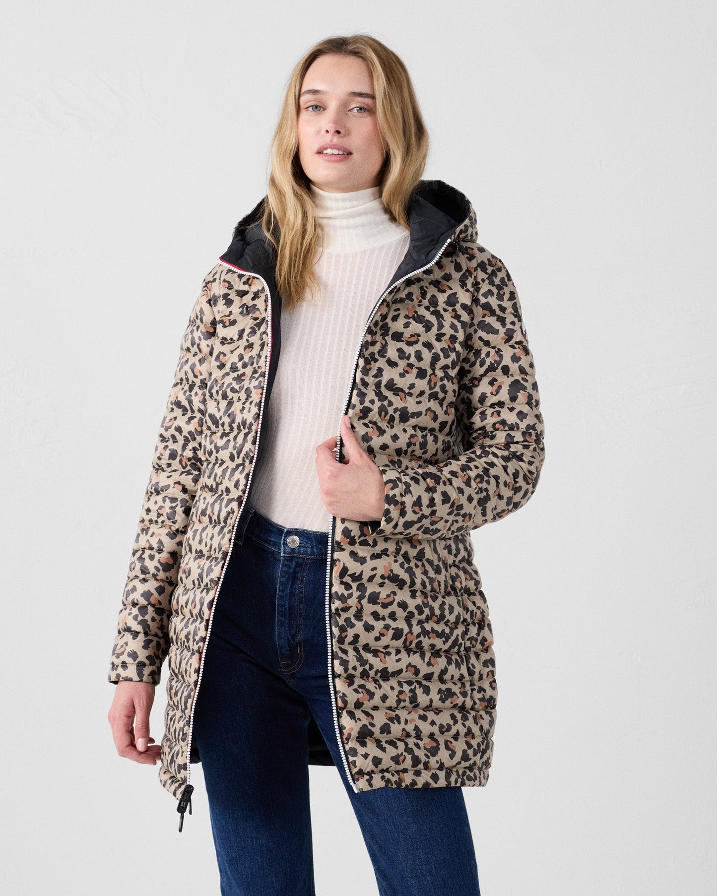 Doudoune longue réversible Noir/leopard beige Verone print